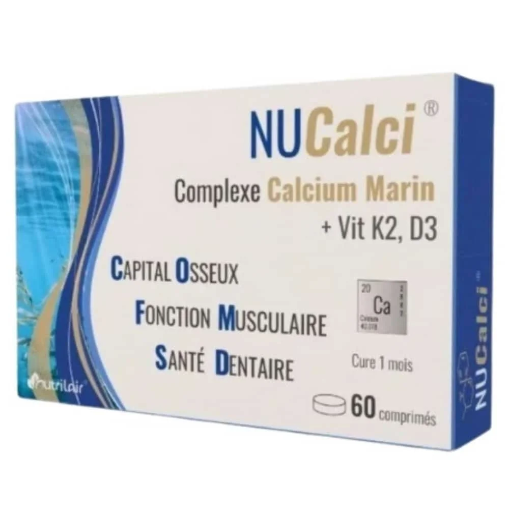 nutrilair-nucalci-complexe-calcium-marin-vit-k2-et-k3-capital-osseux-fonction-musculaire-et-sante-dentaire-60-comprimes.jpg Boîte bleue et blanche Nutrilair NuCalci complexe calcium marin 60 comprimés