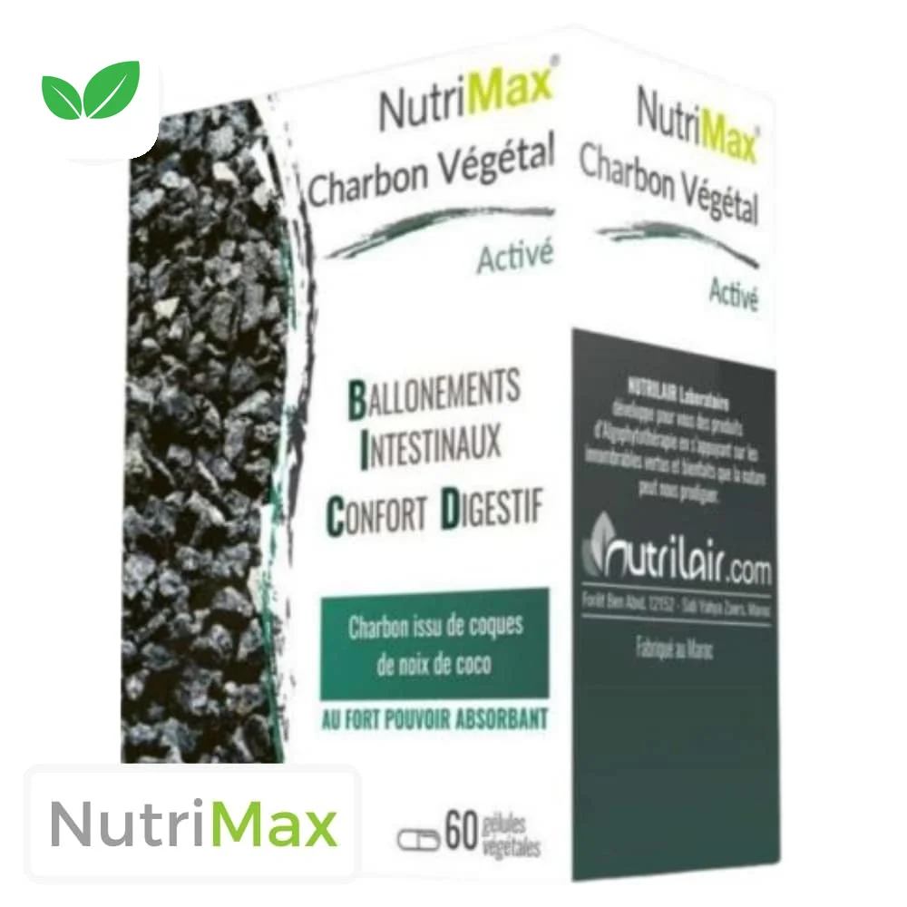 nutrilair-nutrimax-charbon-vegetal-active-60-gelules.jpg Boîte blanche et verte NutriMax Charbon Végétal Activé 60 gélules Nutrilair
