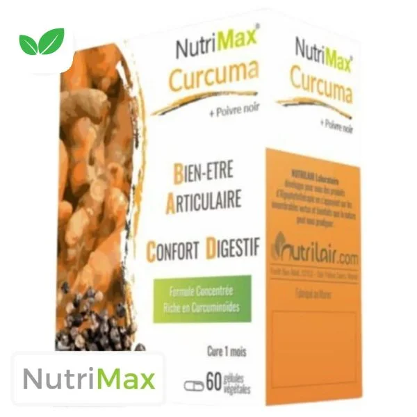 Boîte blanche et orange NutriMax Curcuma poivre noir 60 gélules Nutrilair