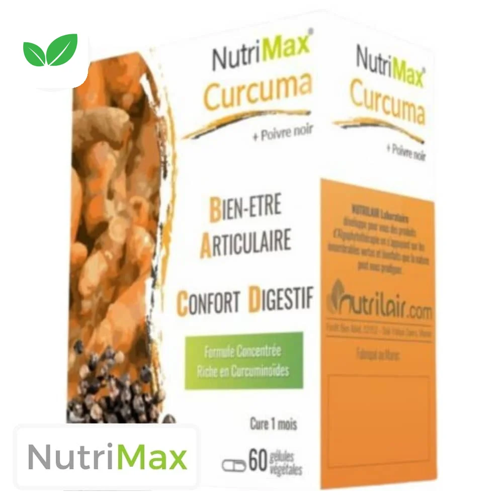 nutrilair-nutrimax-curcuma-et-poivre-noir-60-gelules.jpg Boîte blanche et orange NutriMax Curcuma poivre noir 60 gélules Nutrilair