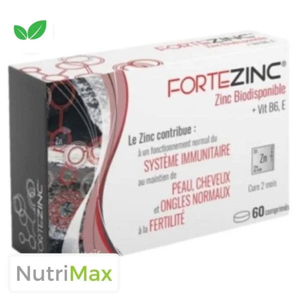 Étui blanc noir et rouge Fortezinc Nutrilair zinc biodisponible 60 comprimés