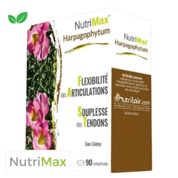 Boîte blanche et brune NutriMax Harpagophytum 90 comprimés Nutrilair fleurs roses
