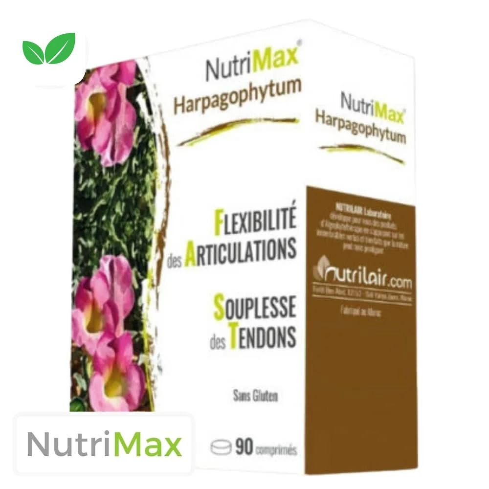 nutrilair-nutrimax-harpagophytum-90-comprimes.jpg Boîte blanche et brune NutriMax Harpagophytum 90 comprimés Nutrilair fleurs roses