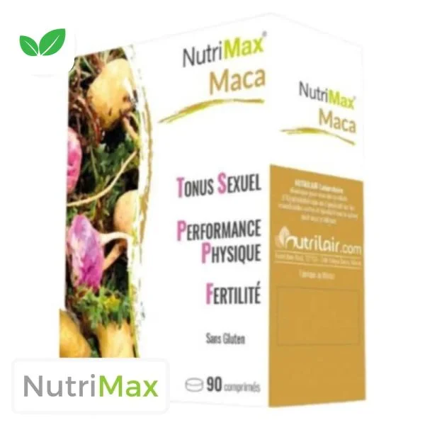 Boîte blanche et dorée NutriMax Maca 90 comprimés Nutrilair racines maca