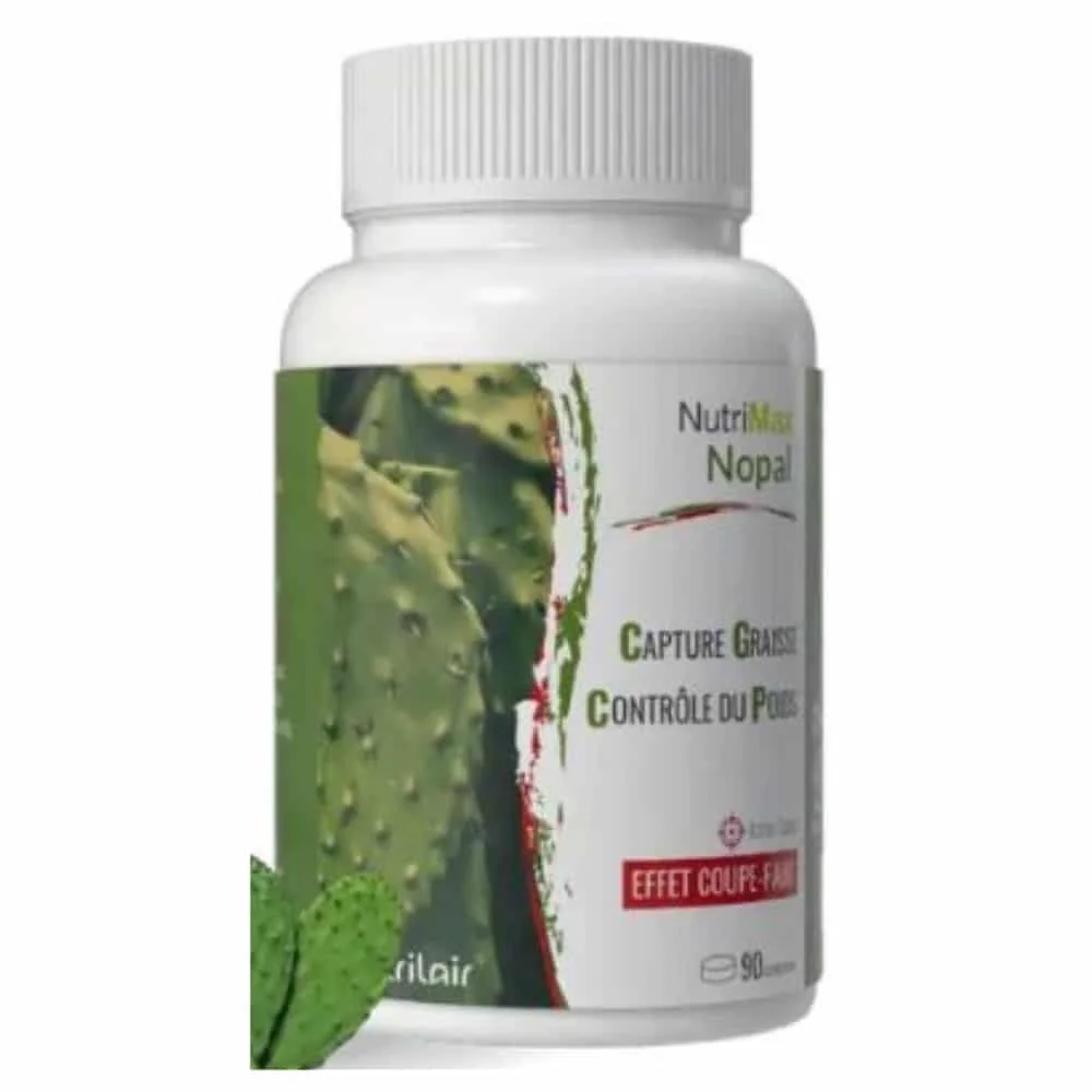 nutrilair-nutrimax-nopal-controle-du-poids-effet-coupe-faim-90-comprimes.jpg Flacon blanc étiquette raquette de cactus Nutrilair NutriMax Nopal 90 comprimés