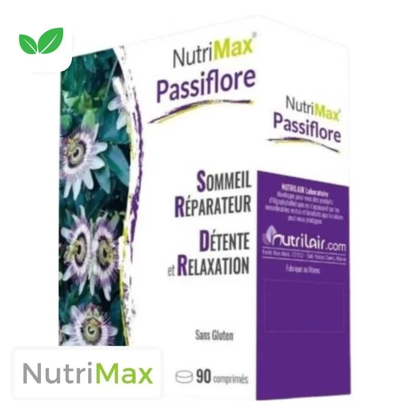 Boîte blanche et violette NutriMax Passiflore 90 comprimés Nutrilair fleurs passiflore