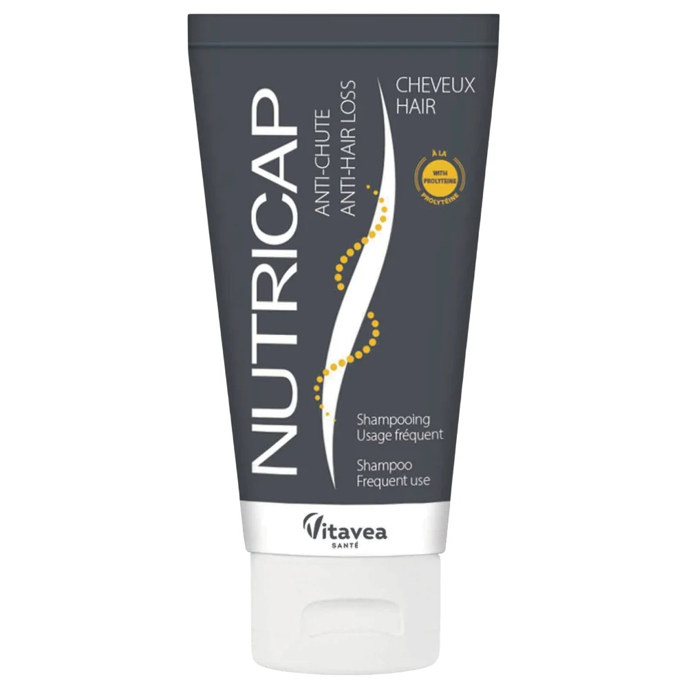 nutrisante-nutricap-shampoing-anti-chute-150ml.jpg Tube gris Nutricap shampooing anti-chute prolytéine Vitavea Santé bouchon blanc