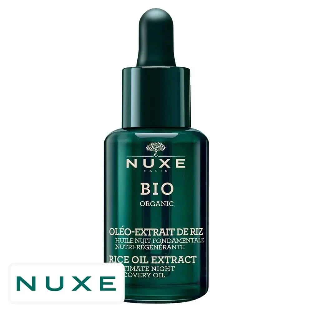 nuxe-bio-huile-nuit-fondamentale-nutri-regenerante-oleo-extrait-de-riz-30ml.jpg Flacon verre vert foncé compte-gouttes Nuxe Bio Organic huile nuit oléo-extrait de riz