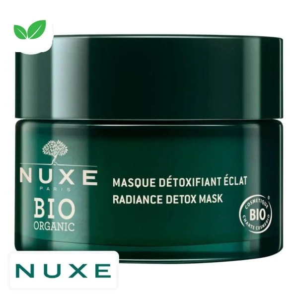 Pot verre vert foncé Nuxe Bio Organic masque détoxifiant éclat label Cosmébio