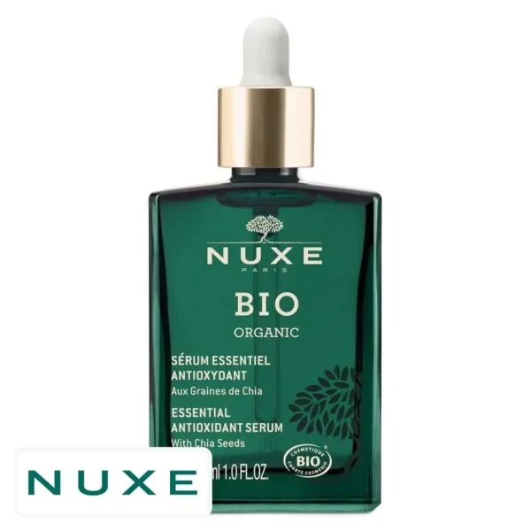 Flacon verre vert compte-gouttes Nuxe Bio Organic sérum essentiel antioxydant graines de chia