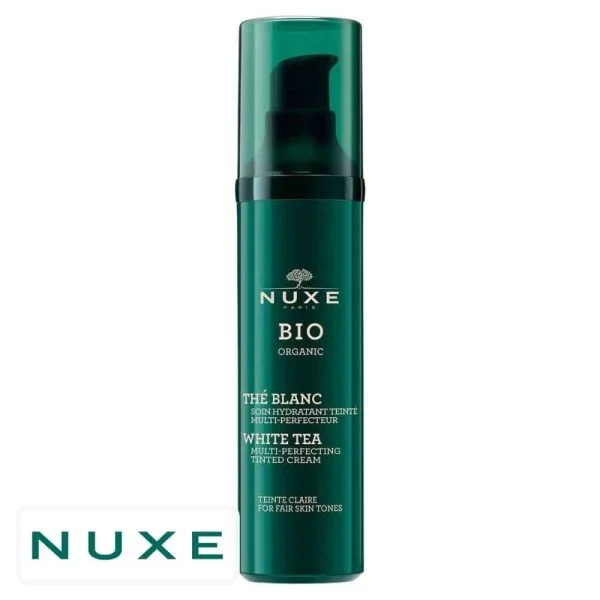 Flacon pompe vert foncé Nuxe Bio Organic soin hydratant teinté thé blanc clair