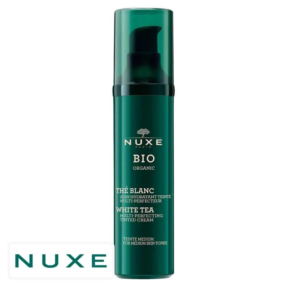 nuxe-bio-soin-hydratant-multi-perfecteur-teinte-medium-the-blanc-50ml.jpg Flacon pompe vert foncé Nuxe Bio Organic soin hydratant teinté thé blanc medium