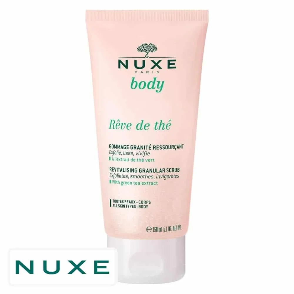 nuxe-body-reve-de-the-gommage-granite-ressourcant-150ml.jpg Tube rose pâle Nuxe Body Rêve de Thé gommage granité ressourçant 150 ml