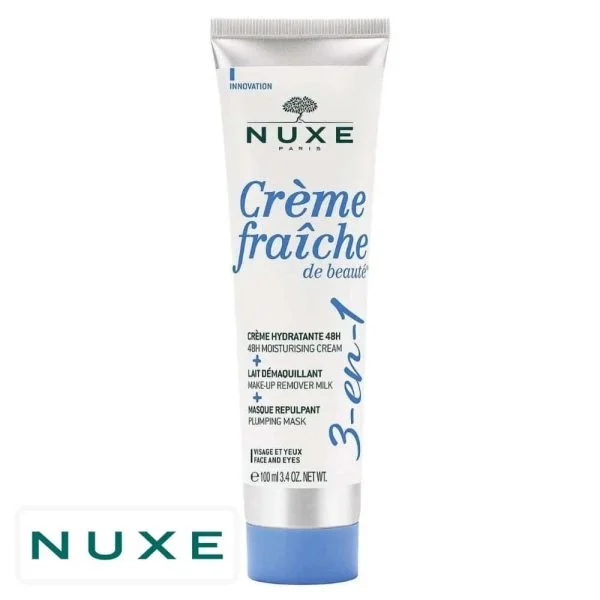 Tube blanc et bleu Nuxe Crème Fraîche de Beauté 3-en-1 visage et yeux