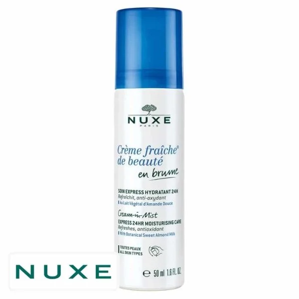 Flacon brume blanc et bleu Nuxe Crème Fraîche de Beauté soin express hydratant