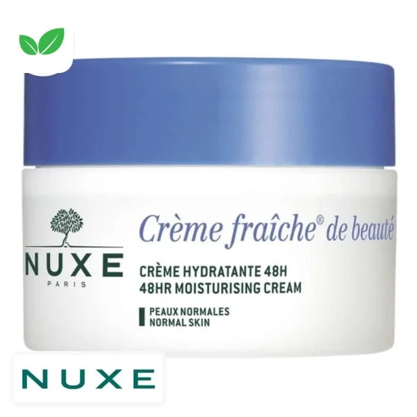 Pot blanc Nuxe Crème Fraîche de Beauté crème hydratante 48h, couvercle bleu