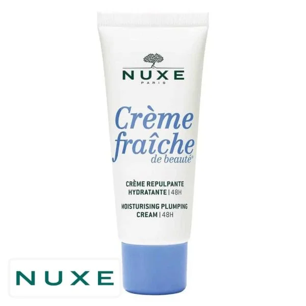 Tube blanc bouchon bleu Nuxe Crème Fraîche de Beauté crème repulpante hydratante