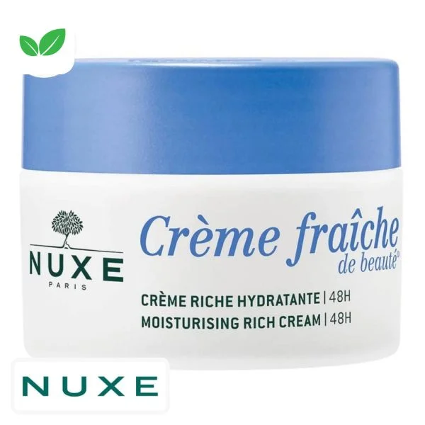 Pot blanc Nuxe Crème Fraîche de Beauté crème riche hydratante 48h, couvercle bleu