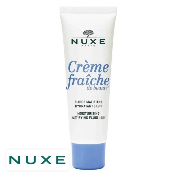 Tube blanc Nuxe Crème Fraîche de Beauté fluide matifiant 48h, bouchon bleu