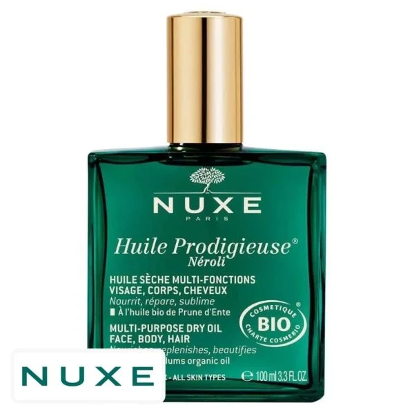 Flacon verre vert Nuxe Huile Prodigieuse Néroli huile sèche bio 100 ml