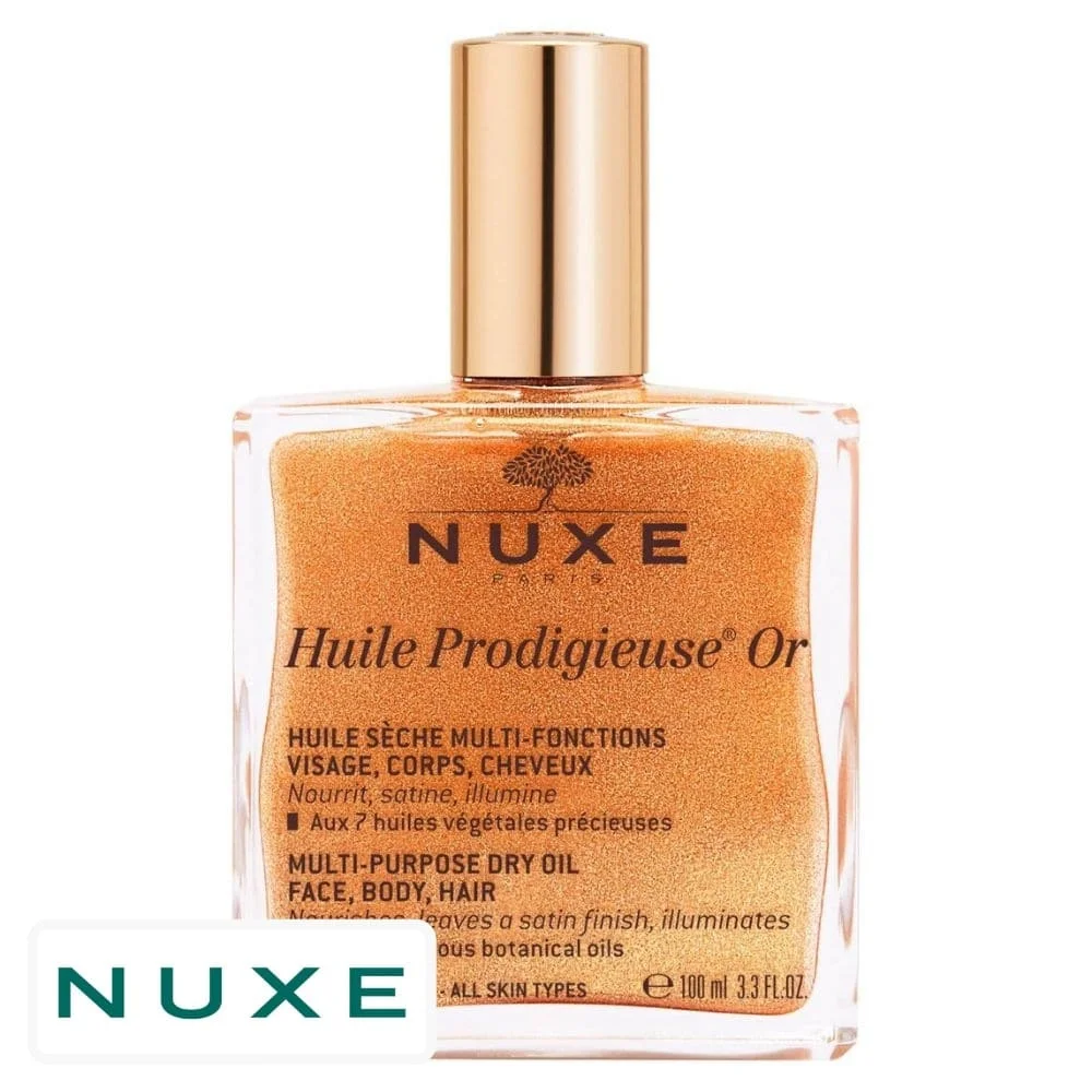 nuxe-huile-prodigieuse-or-huile-seche-multi-fonctions-100ml.jpg Grand flacon verre doré pailleté Nuxe Huile Prodigieuse Or huile sèche 100 ml