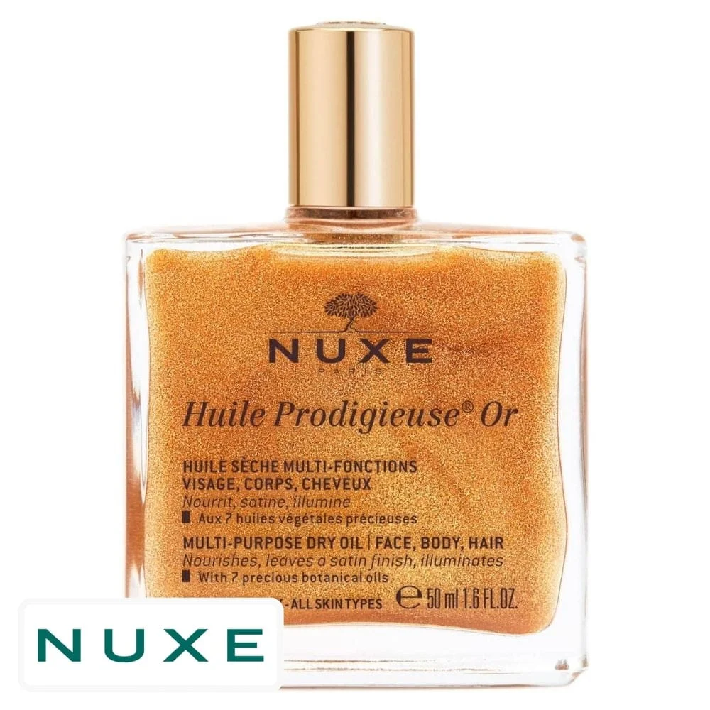 nuxe-huile-prodigieuse-or-huile-seche-multi-fonctions-50ml.jpg Flacon verre doré pailleté Nuxe Huile Prodigieuse Or huile sèche 50 ml