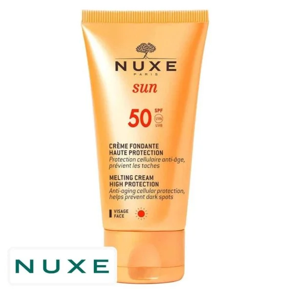 Tube doré Nuxe Sun crème fondante haute protection SPF50 visage 50 ml