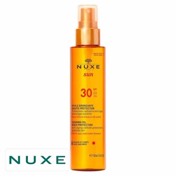 Vaporisateur ambré Nuxe Sun huile bronzante haute protection SPF30 visage et corps