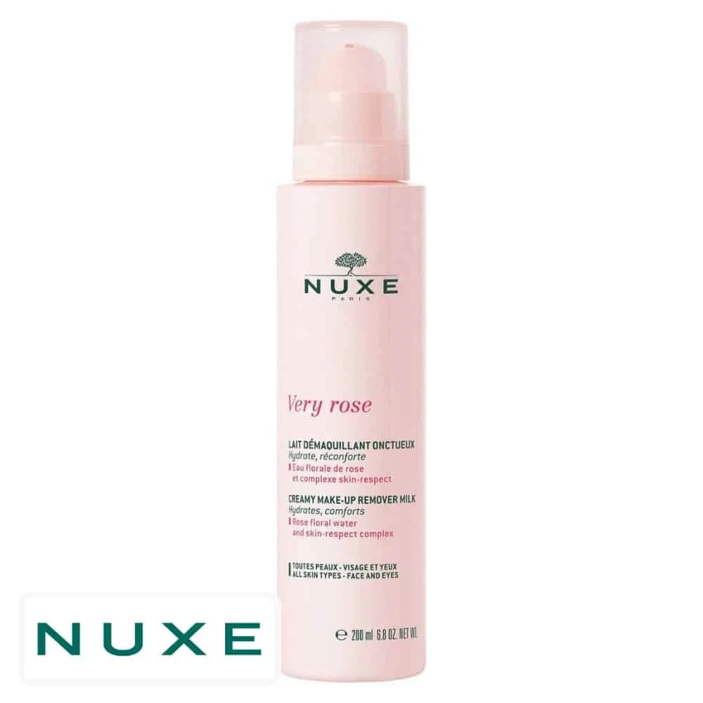 nuxe-very-rose-lait-demaquillant-onctueux-200ml.jpg Flacon pompe rose Nuxe Very Rose lait démaquillant onctueux 200 ml