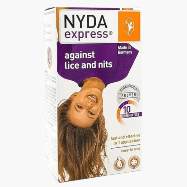 Étui blanc et violet NYDA express lotion anti-poux et lentes