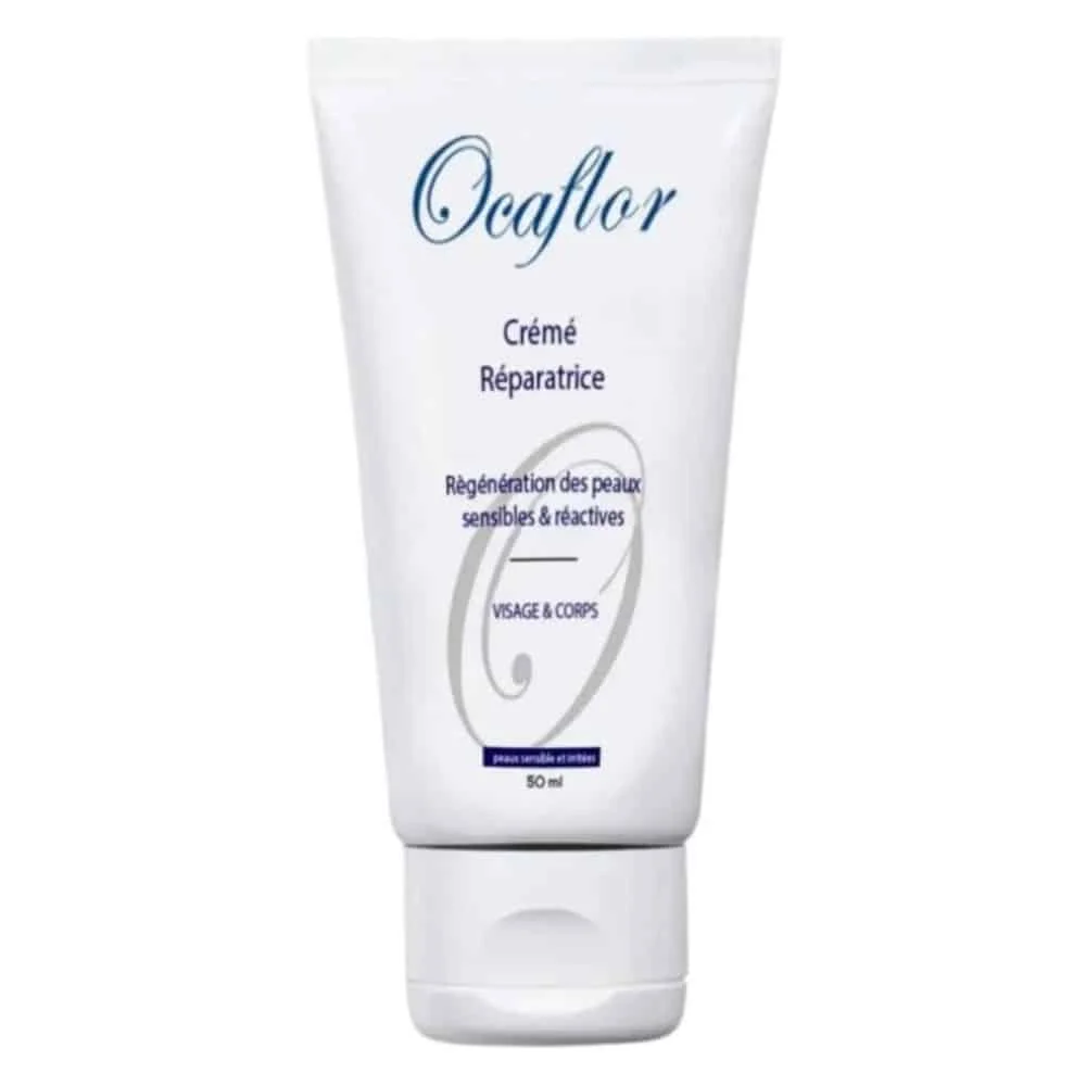 ocaflor-creme-reparatrice-50ml.jpg Tube blanc Ocaflor Crème Réparatrice, logo bleu, mention 50 ml visible