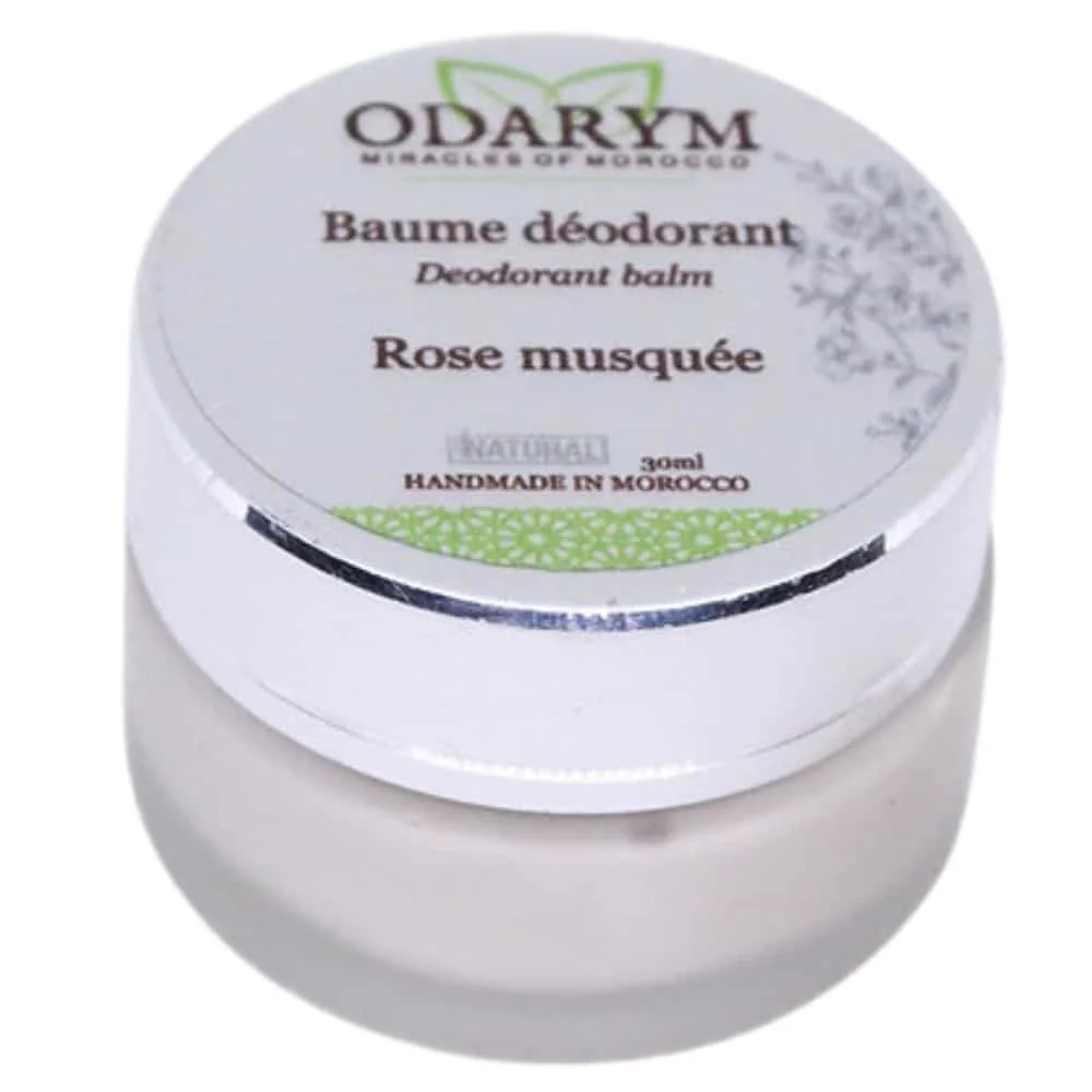 odarym-baume-deodorant-rose-musquee-30ml.jpg Pot blanc couvercle argenté, baume déodorant Odarym Rose musquée 30 ml