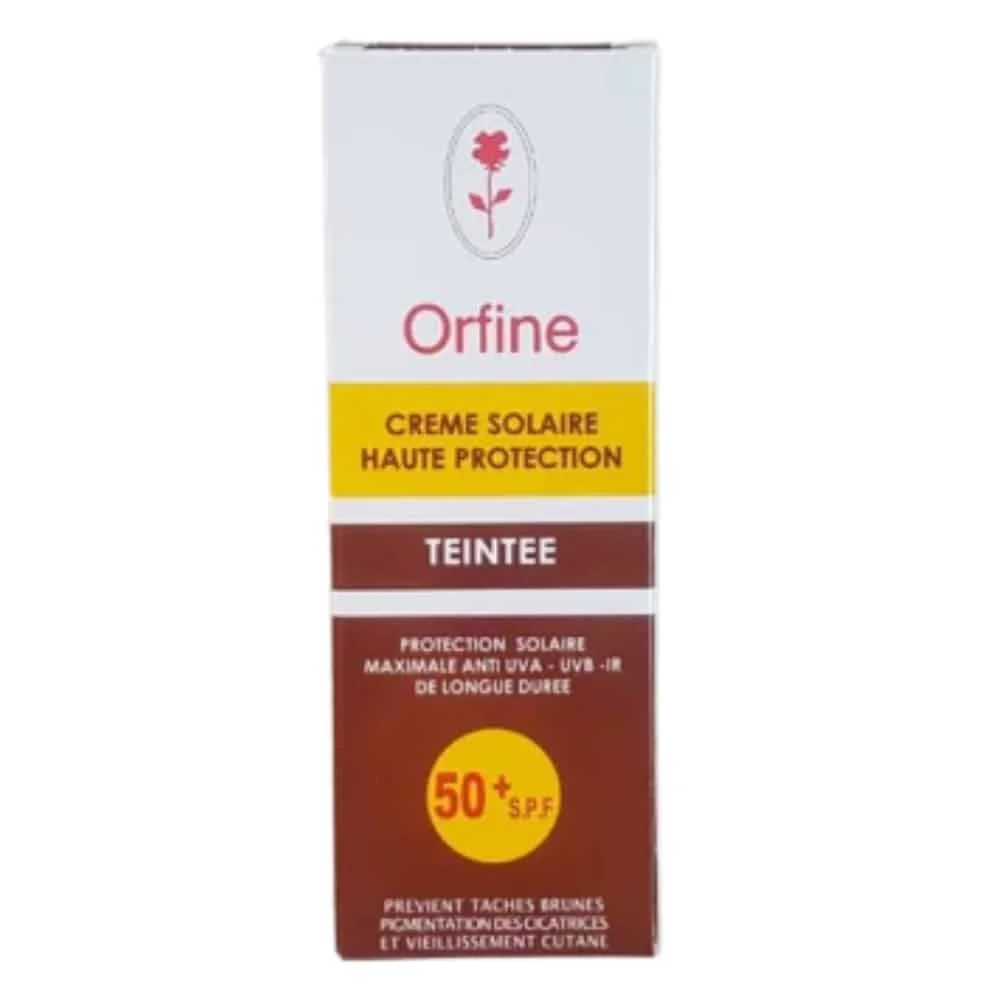 orfine-creme-solaire-teintee-spf50-50ml.jpg Étui blanc et brun Orfine Crème Solaire Haute Protection Teintée SPF50+