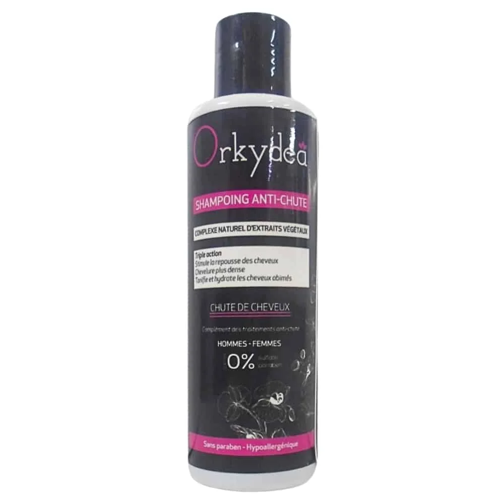 orkydea-shampoing-anti-chute-250ml.jpg Flacon noir et rose Orkydea shampooing anti-chute extraits végétaux