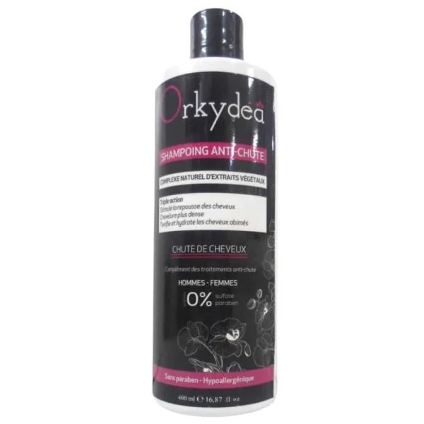 Grand flacon noir Orkydea shampooing anti-chute 400 ml extraits végétaux