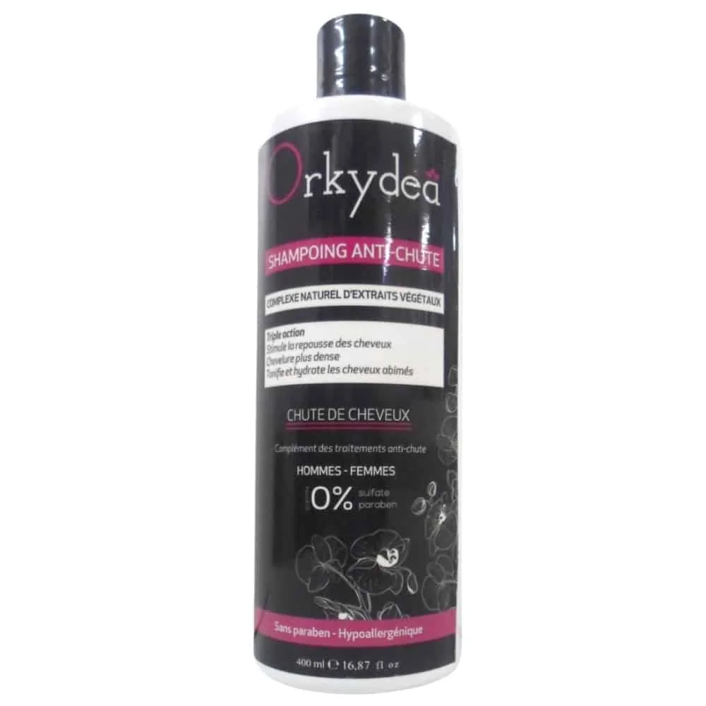 orkydea-shampoing-anti-chute-400ml.jpg Grand flacon noir Orkydea shampooing anti-chute 400 ml extraits végétaux