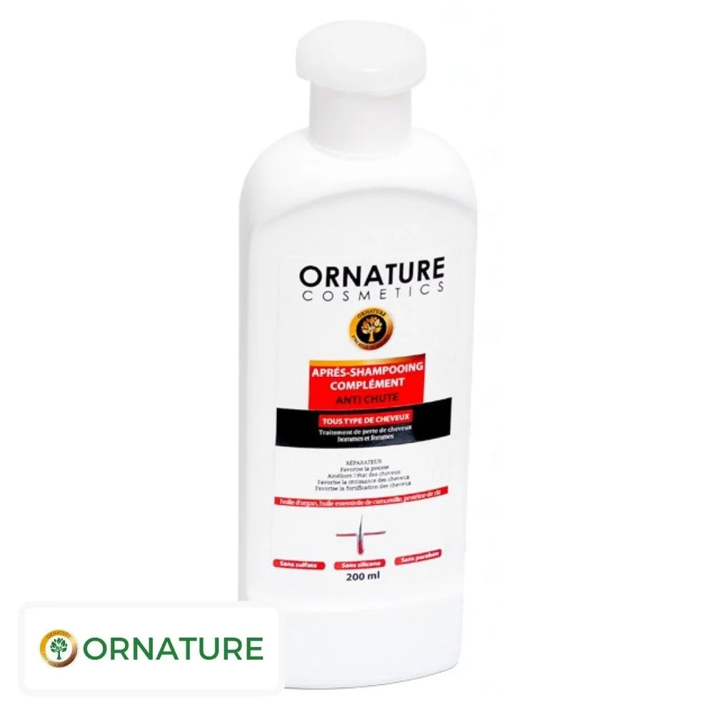 ornature-apres-shampoing-complement-anti-chute-200ml.jpg Flacon blanc Ornature Cosmetics après-shampooing complément anti-chute 200 ml
