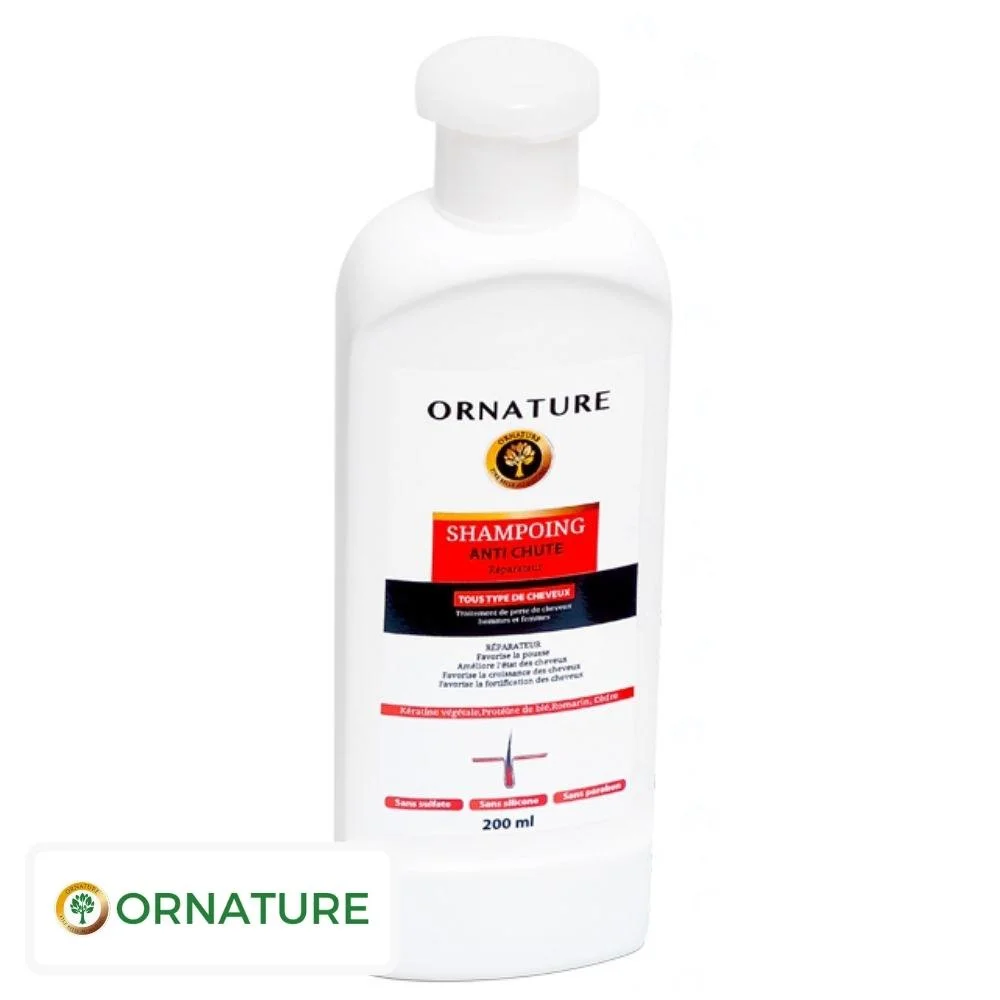 ornature-shampoing-anti-chute-200ml.jpg Flacon blanc Ornature Cosmetics shampooing anti-chute réparateur 200 ml