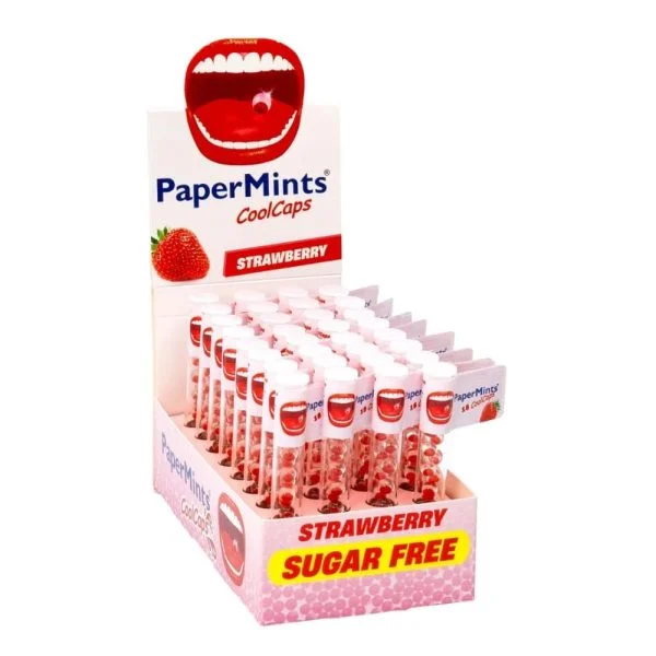 Présentoir PaperMints CoolCaps fraise sans sucre, tubes de capsules rouges