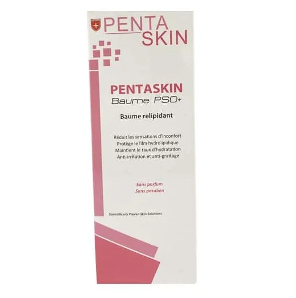 Boîte blanche et rose Pentaskin baume relipidant Pso+ 200 ml