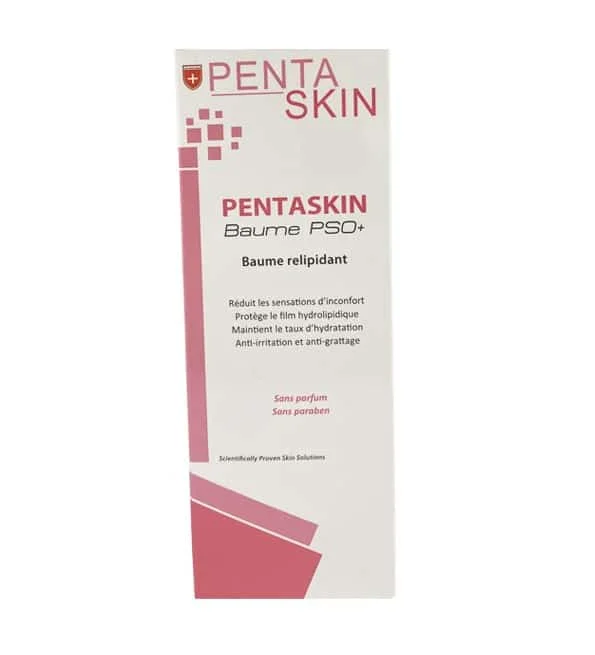 pentaskin-pso-baume-relipidant-200ml.jpg Boîte blanche et rose Pentaskin baume relipidant Pso+ 200 ml