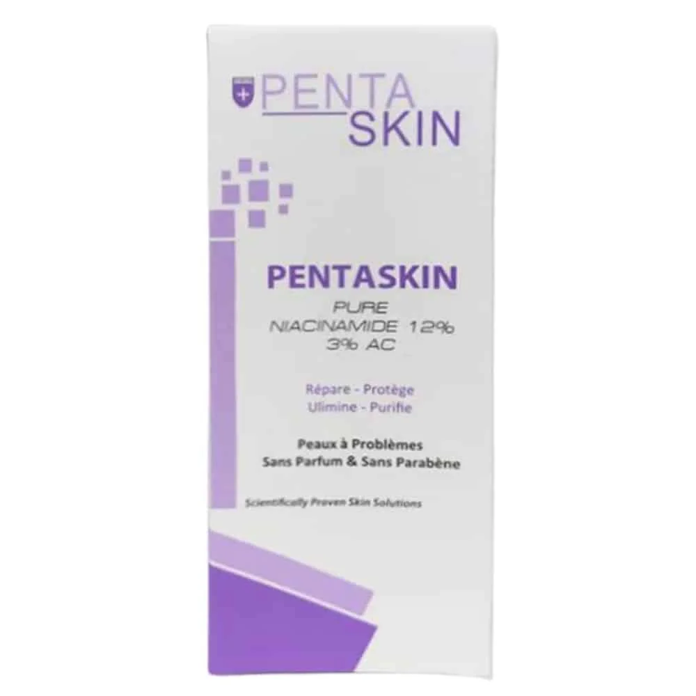 pentaskin-pure-niacinamide-12-et-ac-3-30ml.jpg Boîte blanche et violette Pentaskin Pure Niacinamide sérum 12% 30 ml