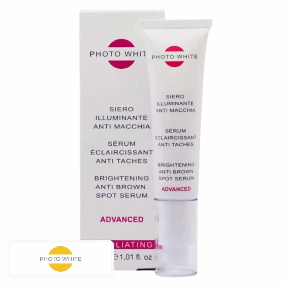 photo-white-advanced-serum-eclaircissant-anti-taches-30ml.jpg Étui et tube blancs Photo White sérum éclaircissant anti-taches Advanced 30 ml