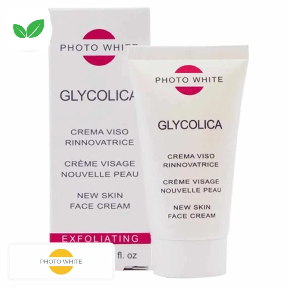 photo-white-glycolia-creme-visage-exfoliante-50ml.jpg Tube blanc et étui Photo White Glycolica crème visage exfoliante nouvelle peau
