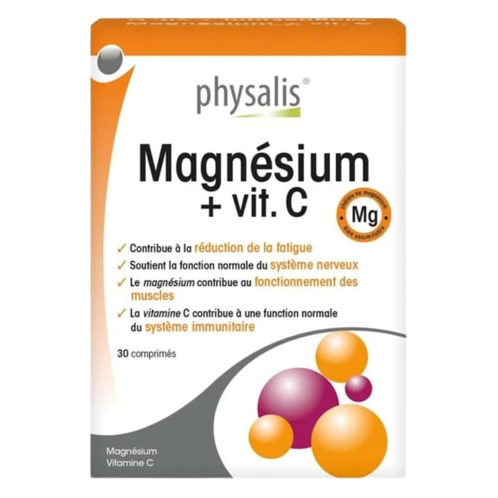 physalis-magnesium-vitamine-c-30-comprimes.jpg Boîte orange et grise Physalis Magnésium et vitamine C 30 comprimés