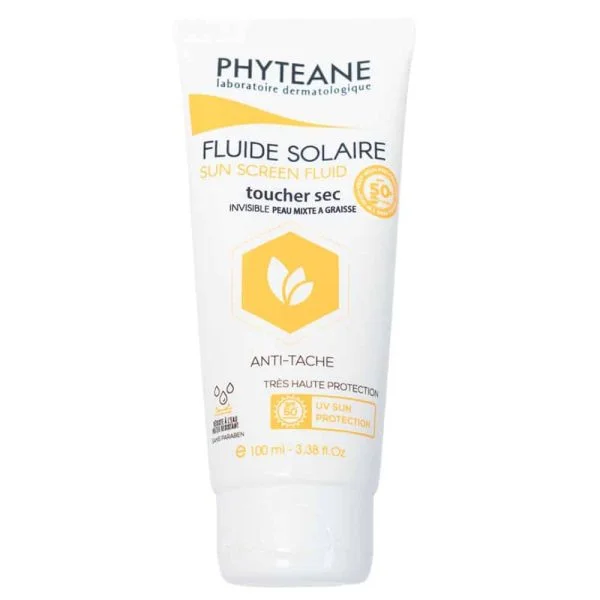 Tube blanc et jaune Phyteane fluide solaire SPF 50+ toucher sec 100 ml