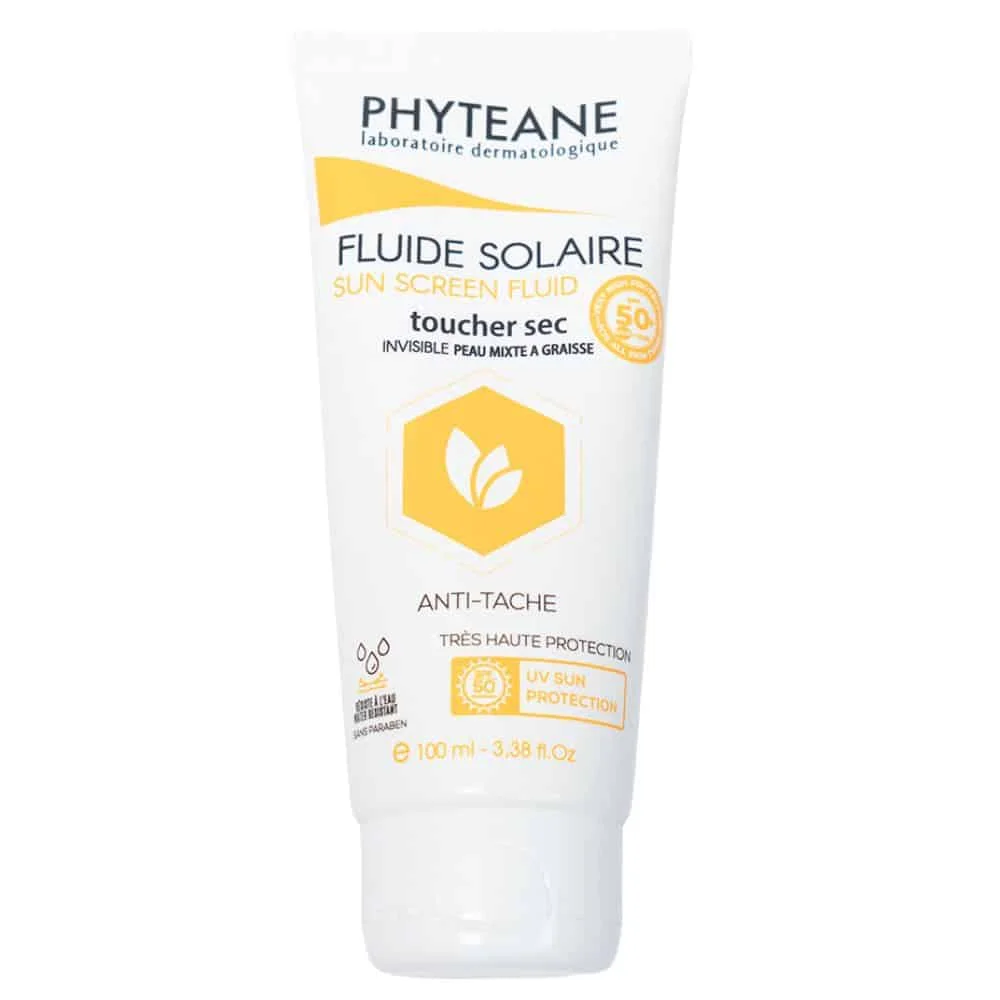 phyteane-fluide-solaire-anti-taches-invisible-toucher-sec-spf50-50ml.jpg Tube blanc et jaune Phyteane fluide solaire SPF 50+ toucher sec 100 ml