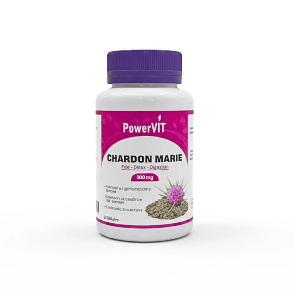 powervit-chardon-marie-60-gelules.jpg Flacon blanc et fuchsia PowerVIT Chardon-Marie 300 mg 60 gélules