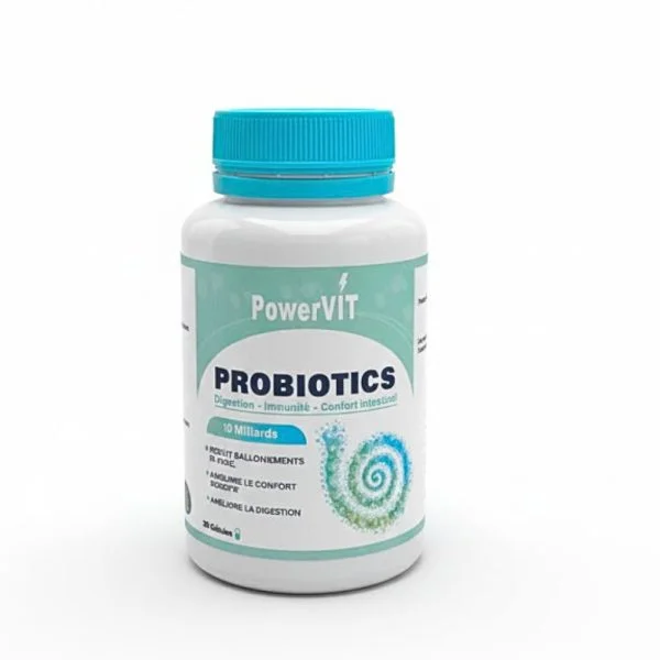 Flacon blanc et turquoise PowerVIT Probiotics digestion immunité confort intestinal