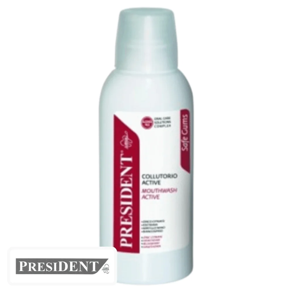 president-active-bain-de-bouche-protection-gencives-200ml.png Flacon blanc à étiquette rouge du bain de bouche President Active
